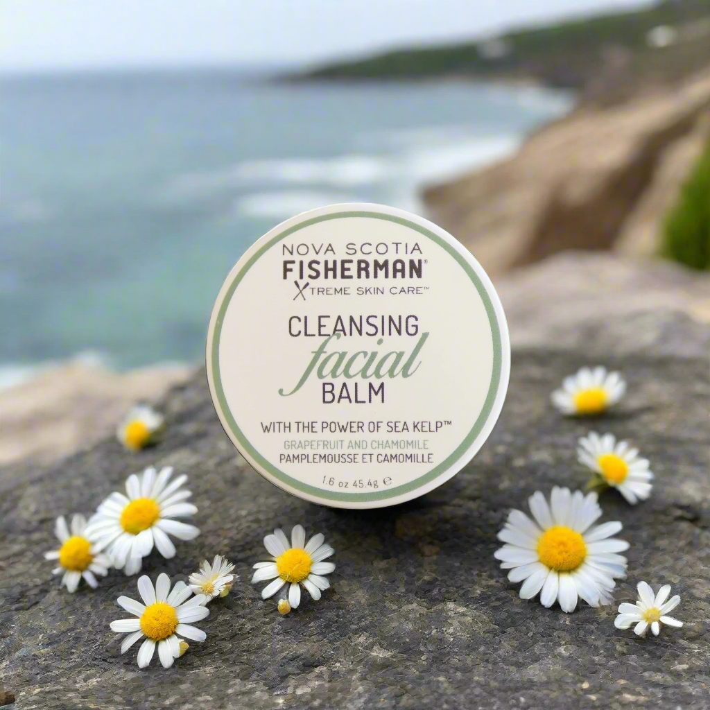 A container of Nova Scotia Fisherman Cleansing Facial Balm placed on a rock with daisies around it, and a scenic coastal background